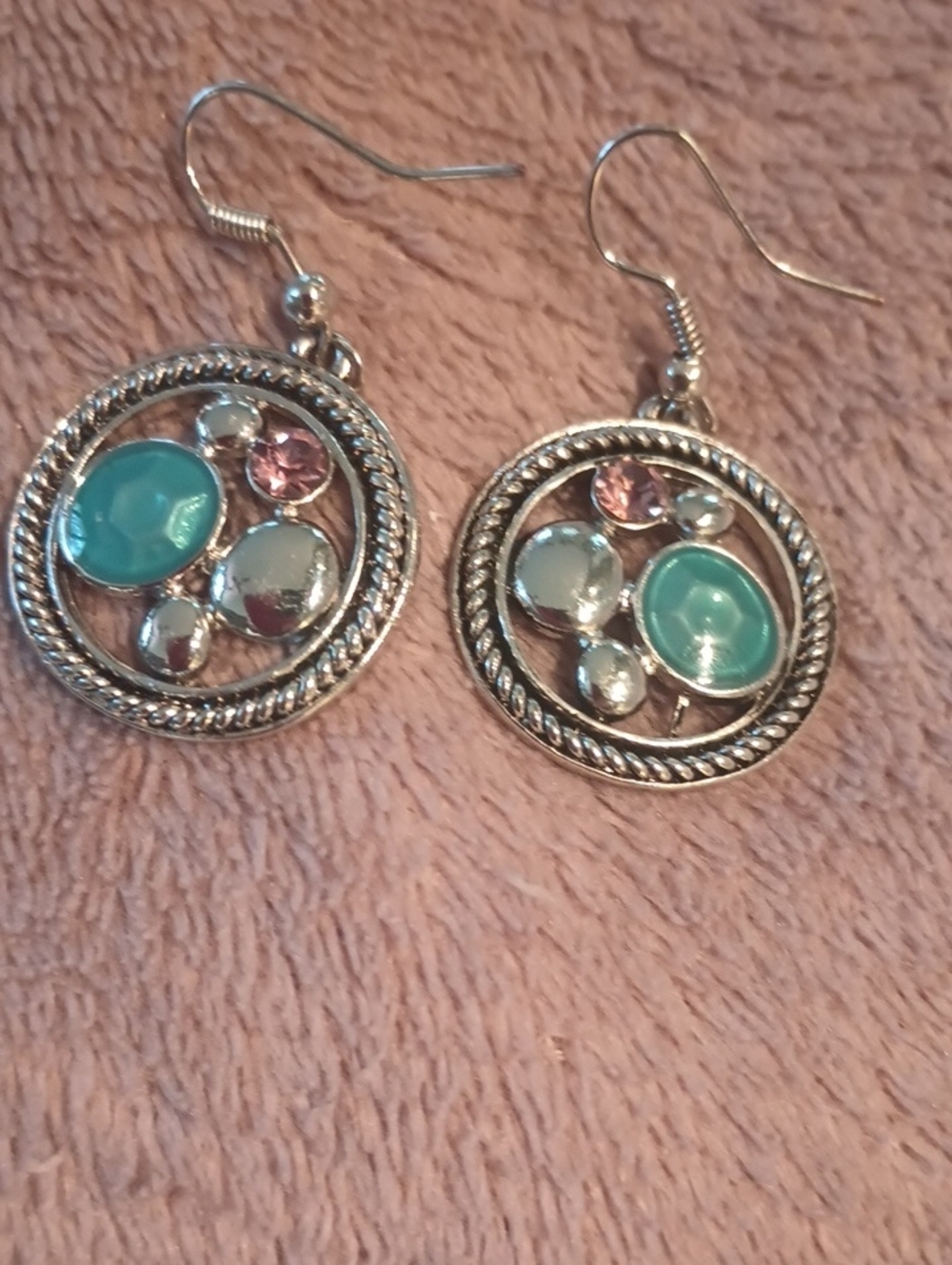 Silver-Tone Turquoise & Pink Drop Earrings by